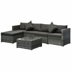 Outsunny 6 Pieces Outdoor Rattan Corner Sofa Set, Patio Aluminum Frame With All-weather Wicker Conversation Furniture W/ Coffee Table & Cushions, Mixed Grey
