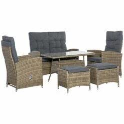 Outsunny Patio Furniture Dining Set With Recliner Armchairs 6 Piece - Brown