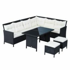 Outsunny Rattan Corner Sofa Set With Table And Footstools - Black