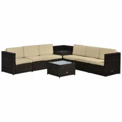 Outsunny Rattan Corner Sofa Set With Table - Brown