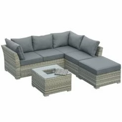 Outsunny Rattan Corner Sofa Set With Table & Ice Bucket - Light Grey