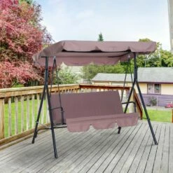 Outsunny 3 Seater Canopy Swing Chair Garden Rocking Bench Heavy Duty Patio Metal Seat W/ Top Roof - Brown -OUTSUNNY Shop 1624015008 83883500