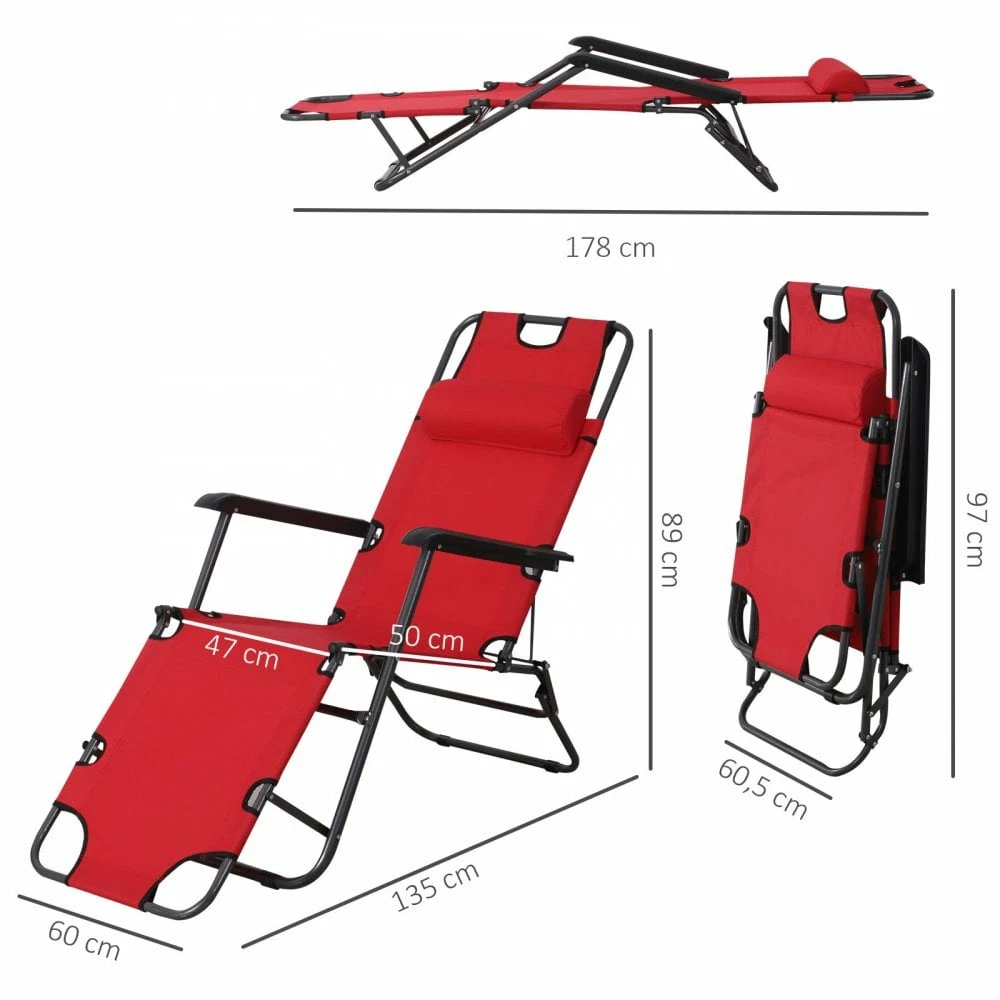 Outsunny-2 In 1 Metal Frame Sun Lounger With Pillow - Red 5 Outsunny-2 In 1 Metal Frame Sun Lounger With Pillow - Red - Image 3