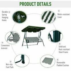 Outsunny 3 Seater Canopy Swing Chair Outdoor Garden Bench With Adjustable Canopy And Metal Frame - Green Stripes -OUTSUNNY Shop 1624030167 42173500