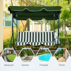 Outsunny 3 Seater Canopy Swing Chair Outdoor Garden Bench With Adjustable Canopy And Metal Frame - Green Stripes -OUTSUNNY Shop 1624030169 43626600