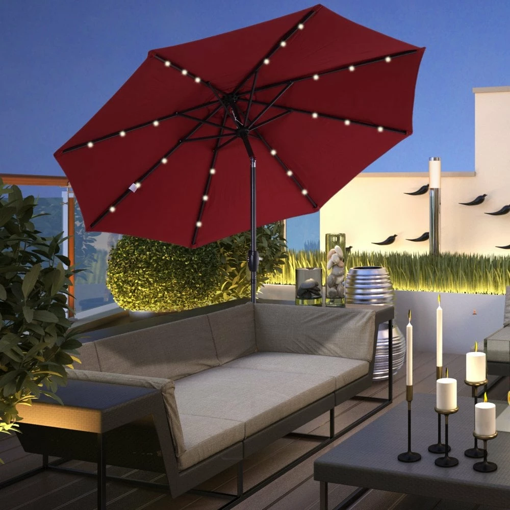 Oasis Garden Umbrella Parasol With LED Solar Lights - Wine Red 4 Oasis Garden Umbrella Parasol With LED Solar Lights - Wine Red - Image 2