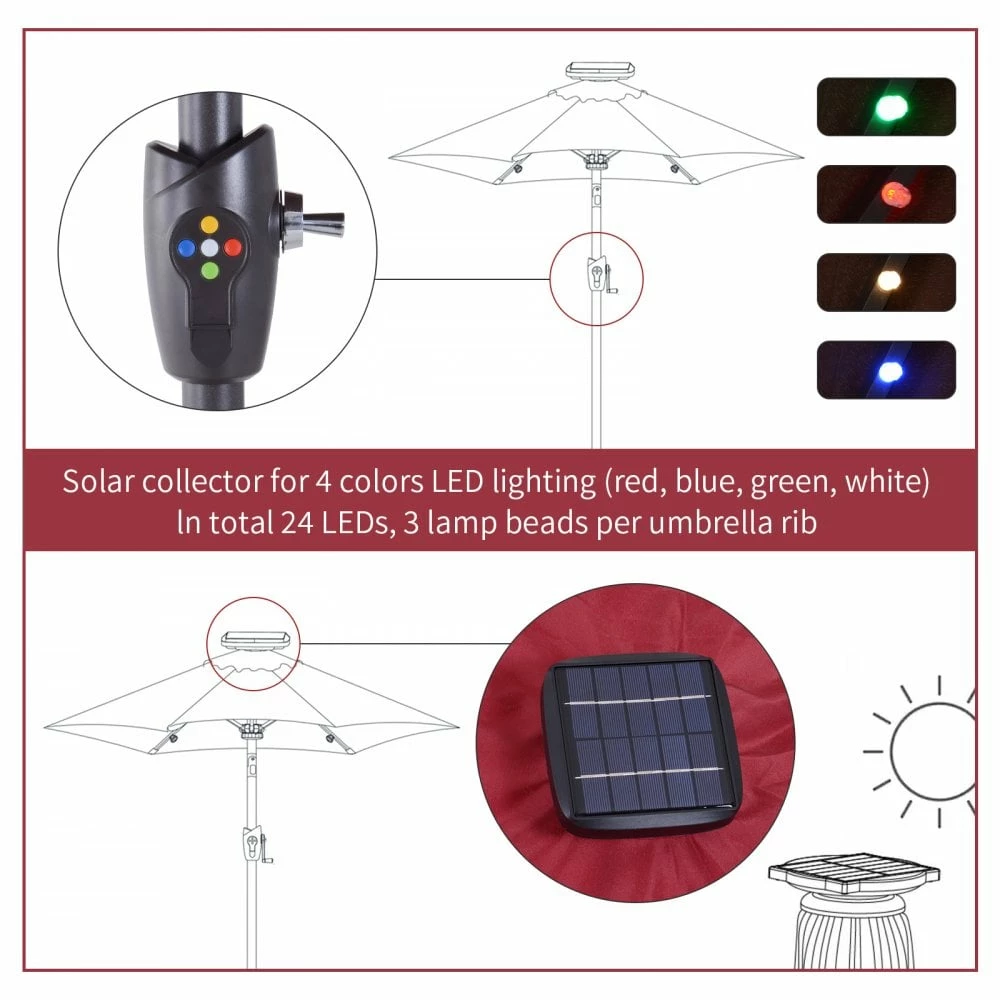 Oasis Garden Umbrella Parasol With LED Solar Lights - Wine Red 10 Oasis Garden Umbrella Parasol With LED Solar Lights - Wine Red - Image 8