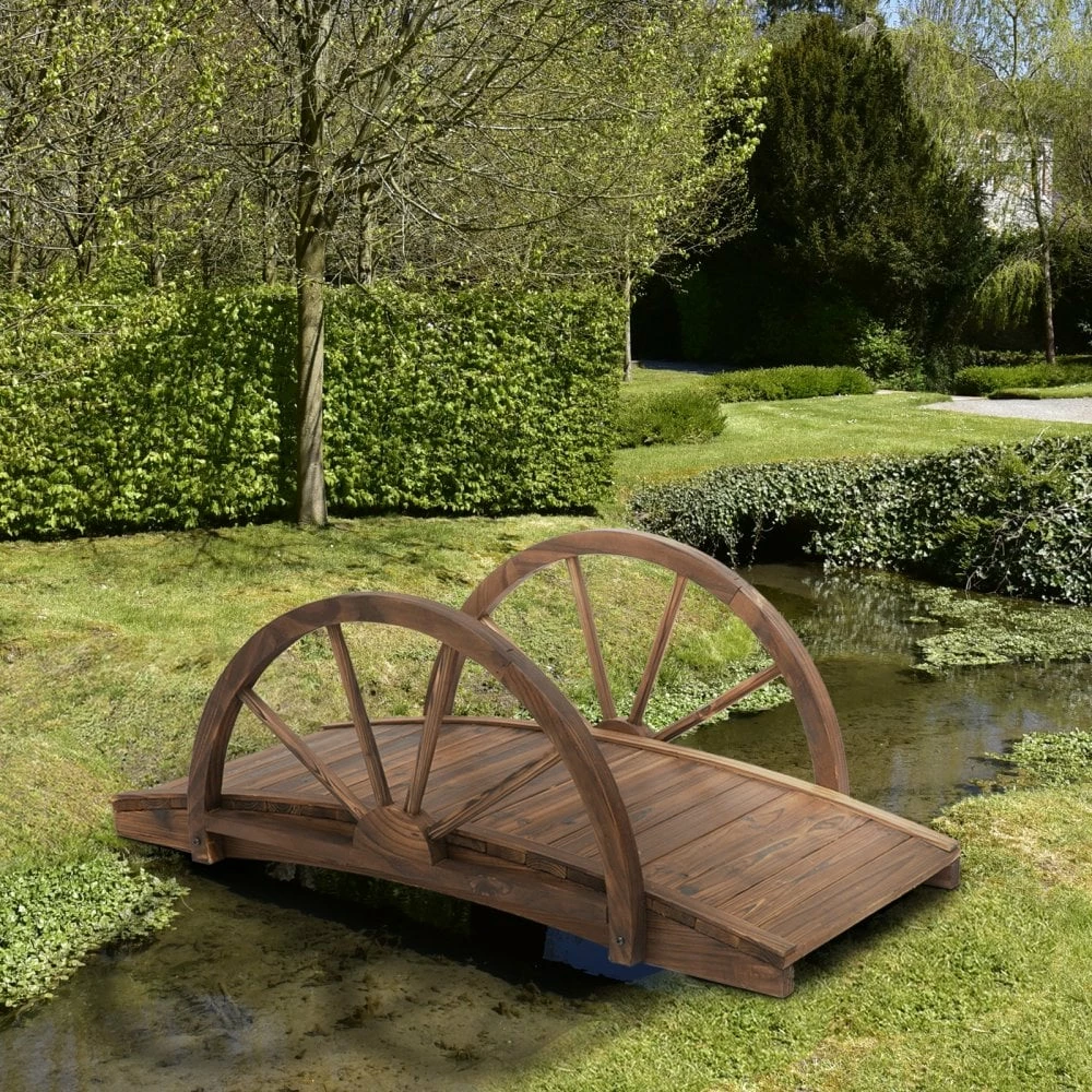 Outsunny Wooden Garden Bridge Lawn Décor Stained Finish Arc Outdoor Pond WalkwayYard Decoration Half Wheeled Railings 100L X 50W X 37Hcm 4 Outsunny Wooden Garden Bridge Lawn Décor Stained Finish Arc Outdoor Pond WalkwayYard Decoration Half Wheeled Railings 100L X 50W X 37Hcm - Image 2
