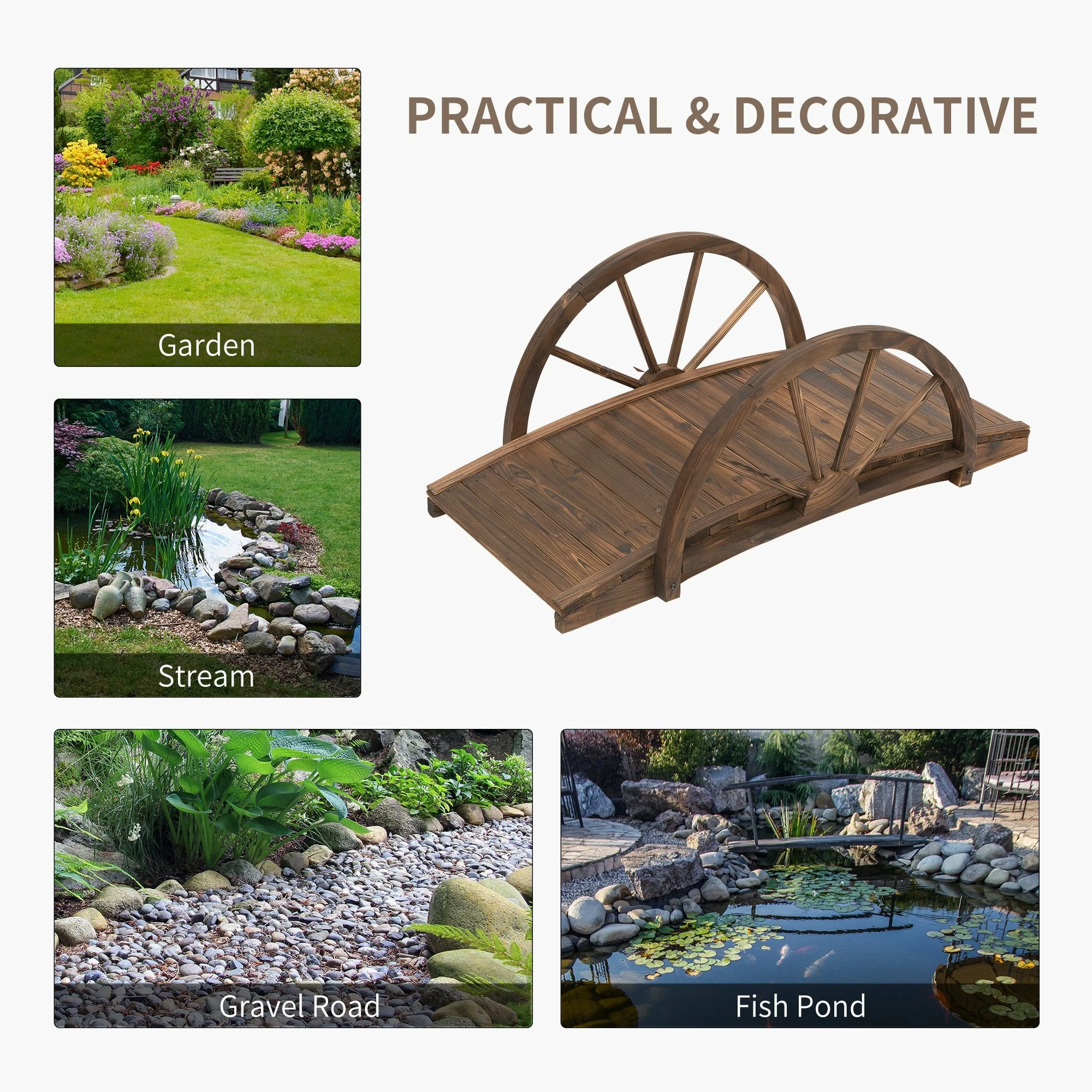 Outsunny Wooden Garden Bridge Lawn Décor Stained Finish Arc Outdoor Pond WalkwayYard Decoration Half Wheeled Railings 100L X 50W X 37Hcm 10 Outsunny Wooden Garden Bridge Lawn Décor Stained Finish Arc Outdoor Pond WalkwayYard Decoration Half Wheeled Railings 100L X 50W X 37Hcm - Image 8