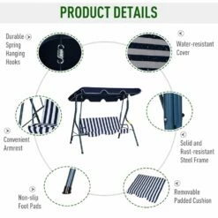 Outsunny 3 Seater Canopy Swing Chair Outdoor Garden Bench With Adjustable Canopy And Metal Frame - Blue Stripes -OUTSUNNY Shop 1624269266 93422400