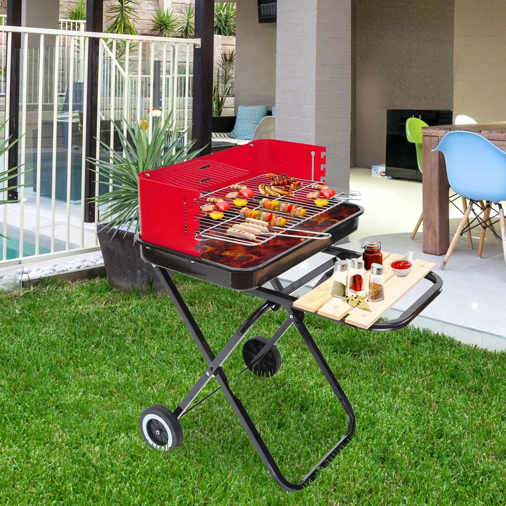 Outsunny Outdoor Foldable Charcoal BBQ Grill With Wheels - Red / Black 4 Outsunny Outdoor Foldable Charcoal BBQ Grill With Wheels - Red / Black - Image 2