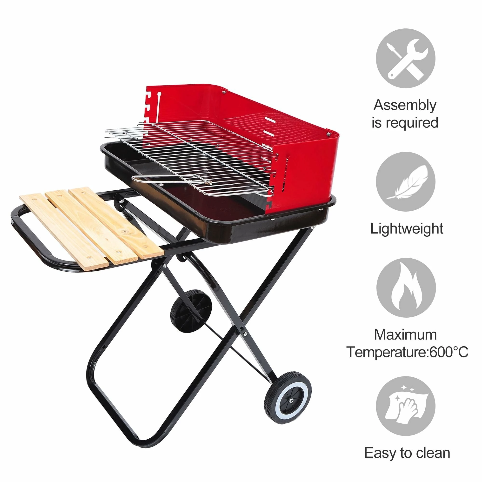 Outsunny Outdoor Foldable Charcoal BBQ Grill With Wheels - Red / Black 6 Outsunny Outdoor Foldable Charcoal BBQ Grill With Wheels - Red / Black - Image 4