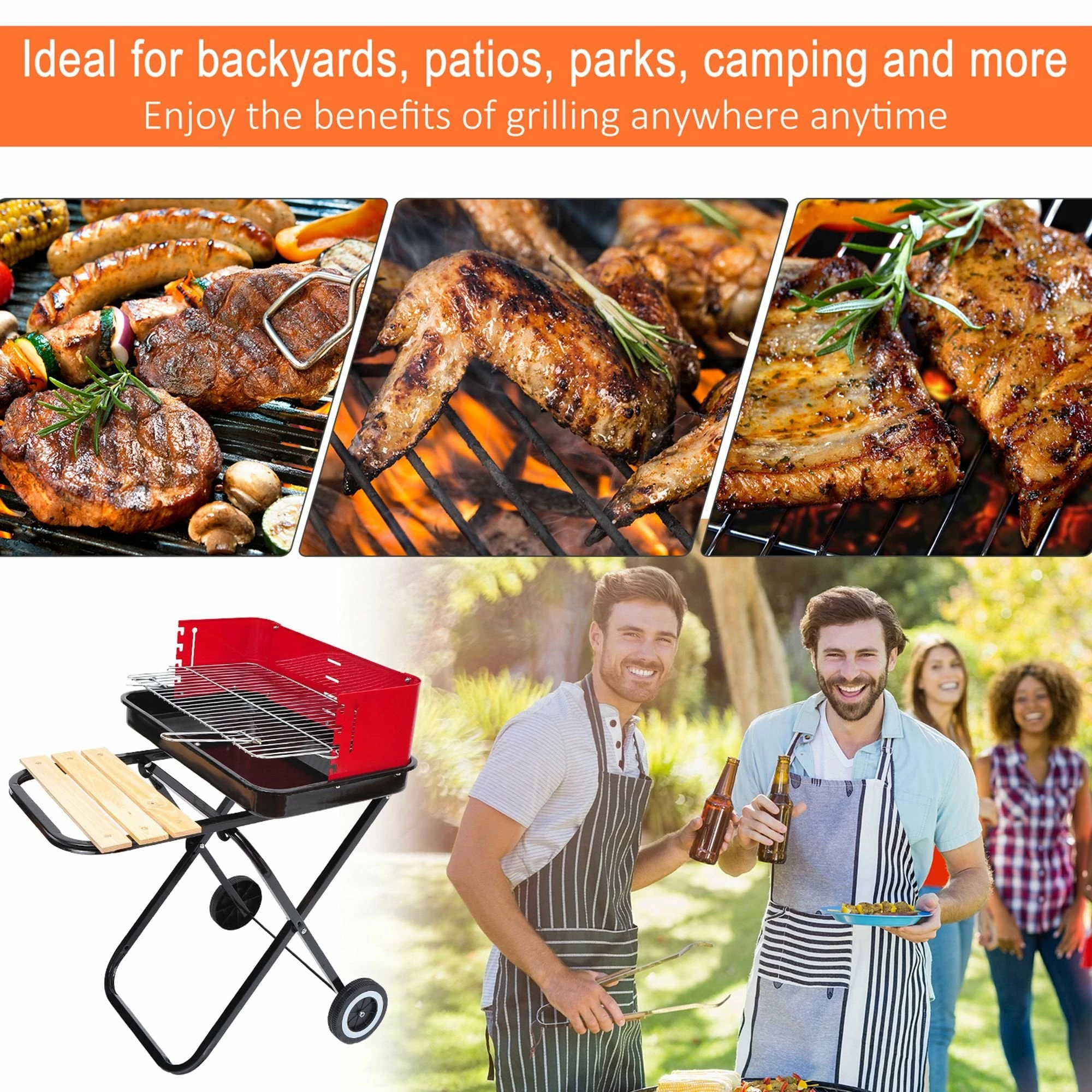 Outsunny Outdoor Foldable Charcoal BBQ Grill With Wheels - Red / Black 10 Outsunny Outdoor Foldable Charcoal BBQ Grill With Wheels - Red / Black - Image 8