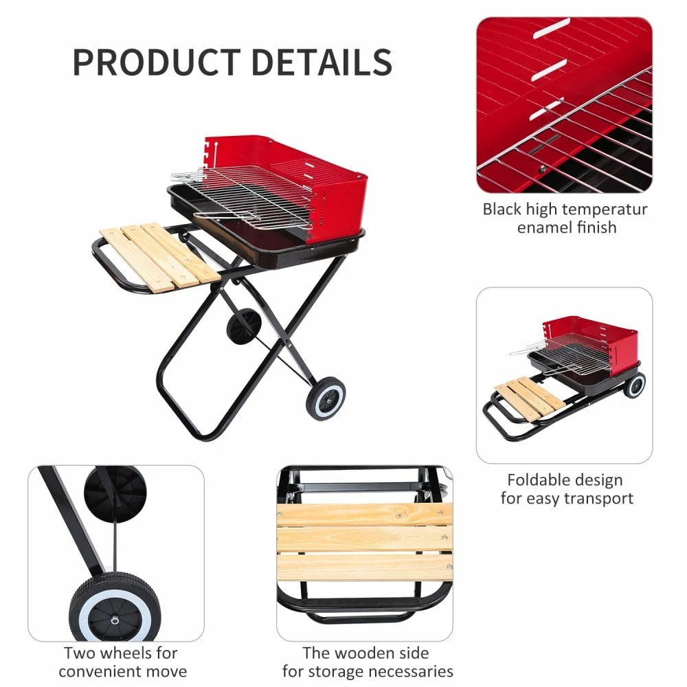 Outsunny Outdoor Foldable Charcoal BBQ Grill With Wheels - Red / Black 11 Outsunny Outdoor Foldable Charcoal BBQ Grill With Wheels - Red / Black - Image 9
