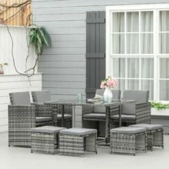 Outsunny 8-Seater Rattan Furniture Set Wicker Weave Patio Dining Table Seat - Grey -OUTSUNNY Shop 1645424916 94575500