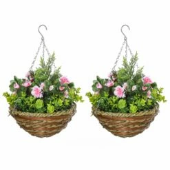 HOMCOM Pack Of 2 Artificial Lisianthus Flowers Hanging Planter With Basket For Indoor Outdoor Decoration Home Garden