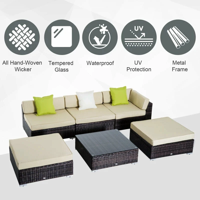 Outsunny 6 PC Rattan Sofa Coffee Table Set Sectional Wicker Weave Furniture For Garden Outdoor Conservatory W/ Pillow Cushion- Brown 6 Outsunny 6 PC Rattan Sofa Coffee Table Set Sectional Wicker Weave Furniture For Garden Outdoor Conservatory W/ Pillow Cushion- Brown - Image 4