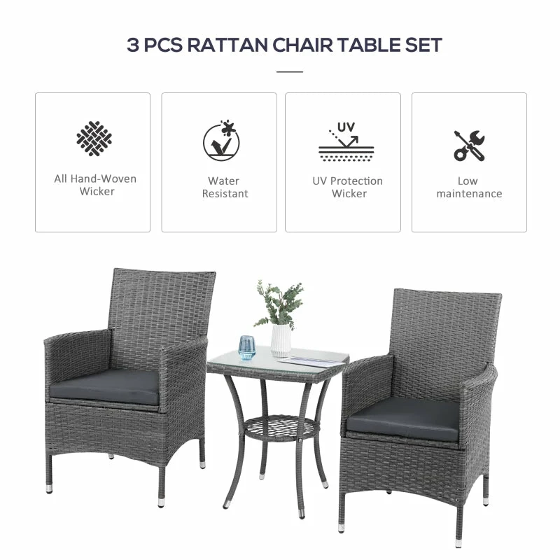 Outsunny Rattan Bistro Set 3pc - Grey 7 Outsunny Rattan Bistro Set 3pc - Grey - Image 5