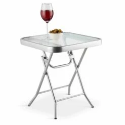 Silver & Stone Folding Side Table With Glass Top 40cm X 40cm X 46cm -OUTSUNNY Shop 4356318 IMAGE1