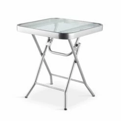 Silver & Stone Folding Side Table With Glass Top 40cm X 40cm X 46cm