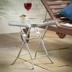 Silver & Stone Folding Side Table With Glass Top 40cm X 40cm X 46cm -OUTSUNNY Shop 4356318 IMAGE5