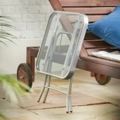 Silver & Stone Folding Side Table With Glass Top 40cm X 40cm X 46cm -OUTSUNNY Shop 4356318 IMAGE6