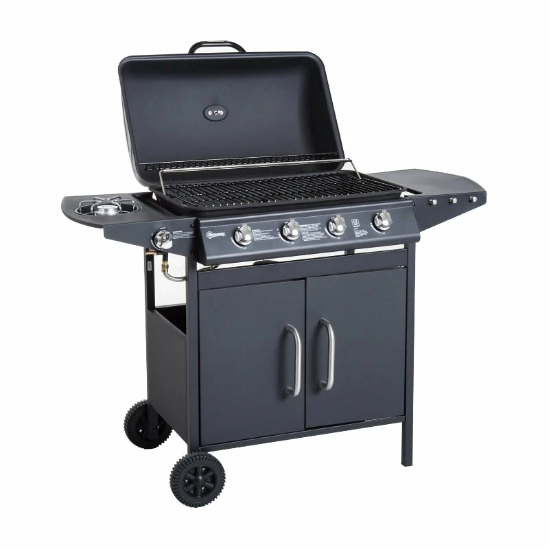 Outsunny 4+1 Gas Burner Grill BBQ Trolley Backyard Garden Smoker Side Burner Barbecue W/ Storage Side Table Wheels 3 Outsunny 4+1 Gas Burner Grill BBQ Trolley Backyard Garden Smoker Side Burner Barbecue W/ Storage Side Table Wheels