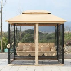 Outsunny 3 Seater Swing Chair 3-in-1 Convertible Garden Swing Seat Bed Gazebo Patio Bench Outdoor With Double Tier Canopy, Cushioned Seat, Mesh Sidewalls, Beige -OUTSUNNY Shop 7uP23b17dc4c2349d