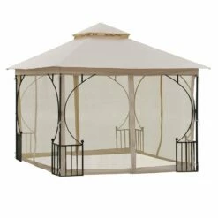 Outsunny 3 X 3(m) Garden Gazebo Patio Party Tent Shelter Outdoor Canopy Double Tier Sun Shade Metal Frame Netting Beigee