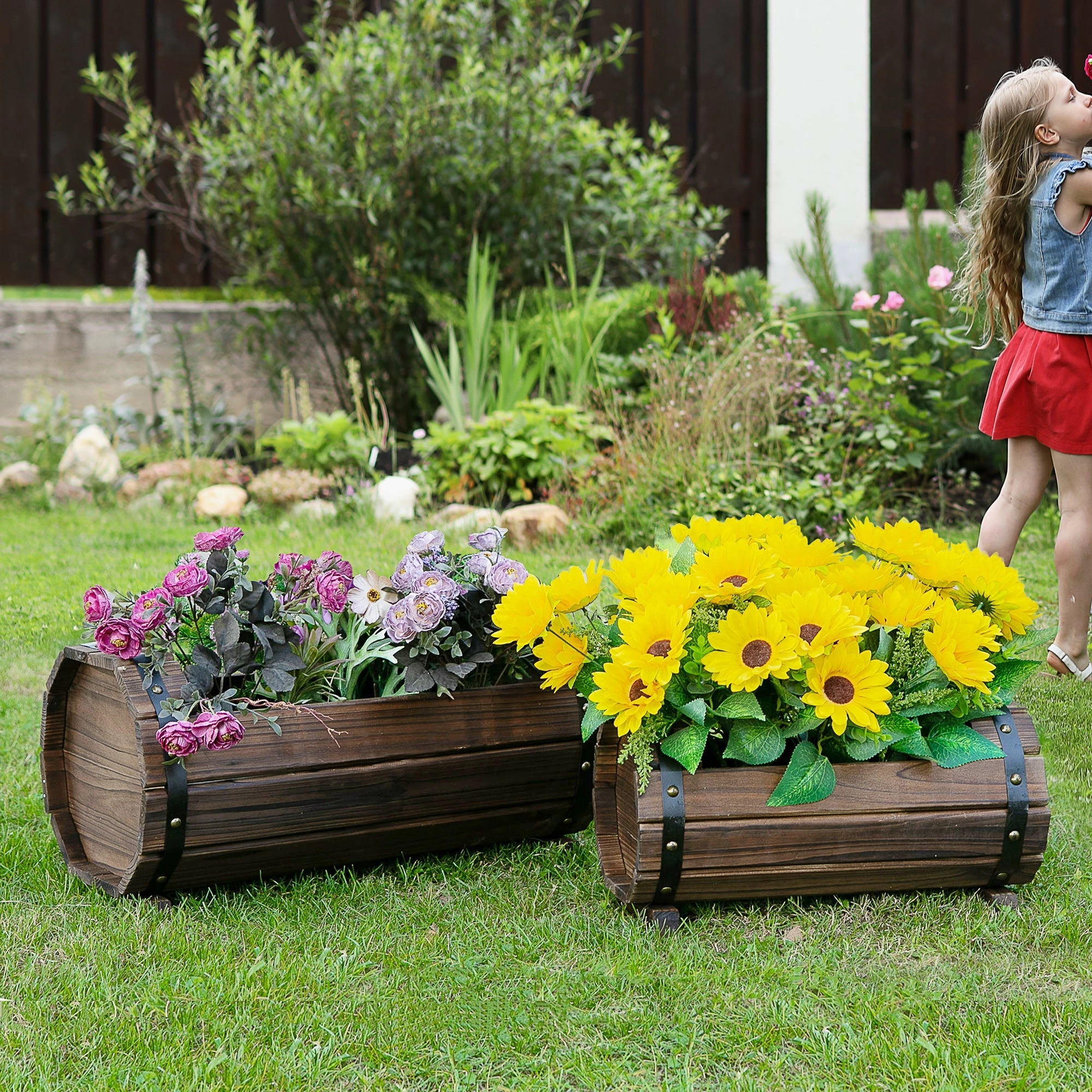Outsunny 2PCs Wooden Flower Plant Pot 4 Outsunny 2PCs Wooden Flower Plant Pot - Image 2