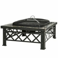 Outsunny Square Garden Fire Pit Square Table W/ Grill Shelf Poker Mesh Cover Grate 76cm