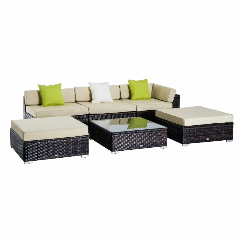 Outsunny 6 PC Rattan Sofa Coffee Table Set Sectional Wicker Weave Furniture For Garden Outdoor Conservatory W/ Pillow Cushion- Brown 3 Outsunny 6 PC Rattan Sofa Coffee Table Set Sectional Wicker Weave Furniture For Garden Outdoor Conservatory W/ Pillow Cushion- Brown