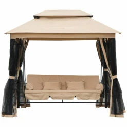 Outsunny 3 Seater Swing Chair 3-in-1 Convertible Garden Swing Seat Bed Gazebo Patio Bench Outdoor With Double Tier Canopy, Cushioned Seat, Mesh Sidewalls, Beige