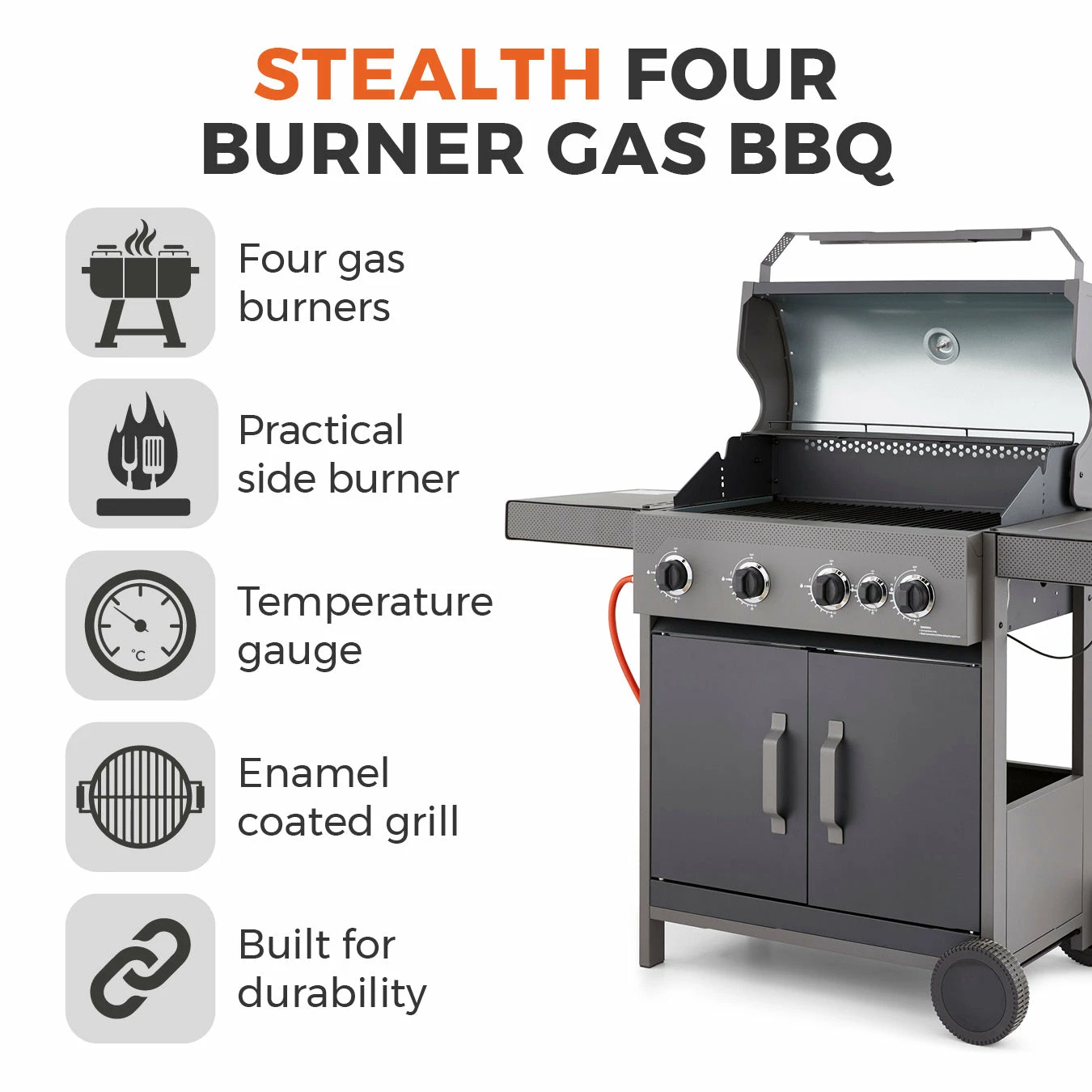 Tower Stealth 4000 Four Burner BBQ W/ Side Burner - Black 4 Tower Stealth 4000 Four Burner BBQ W/ Side Burner - Black - Image 2
