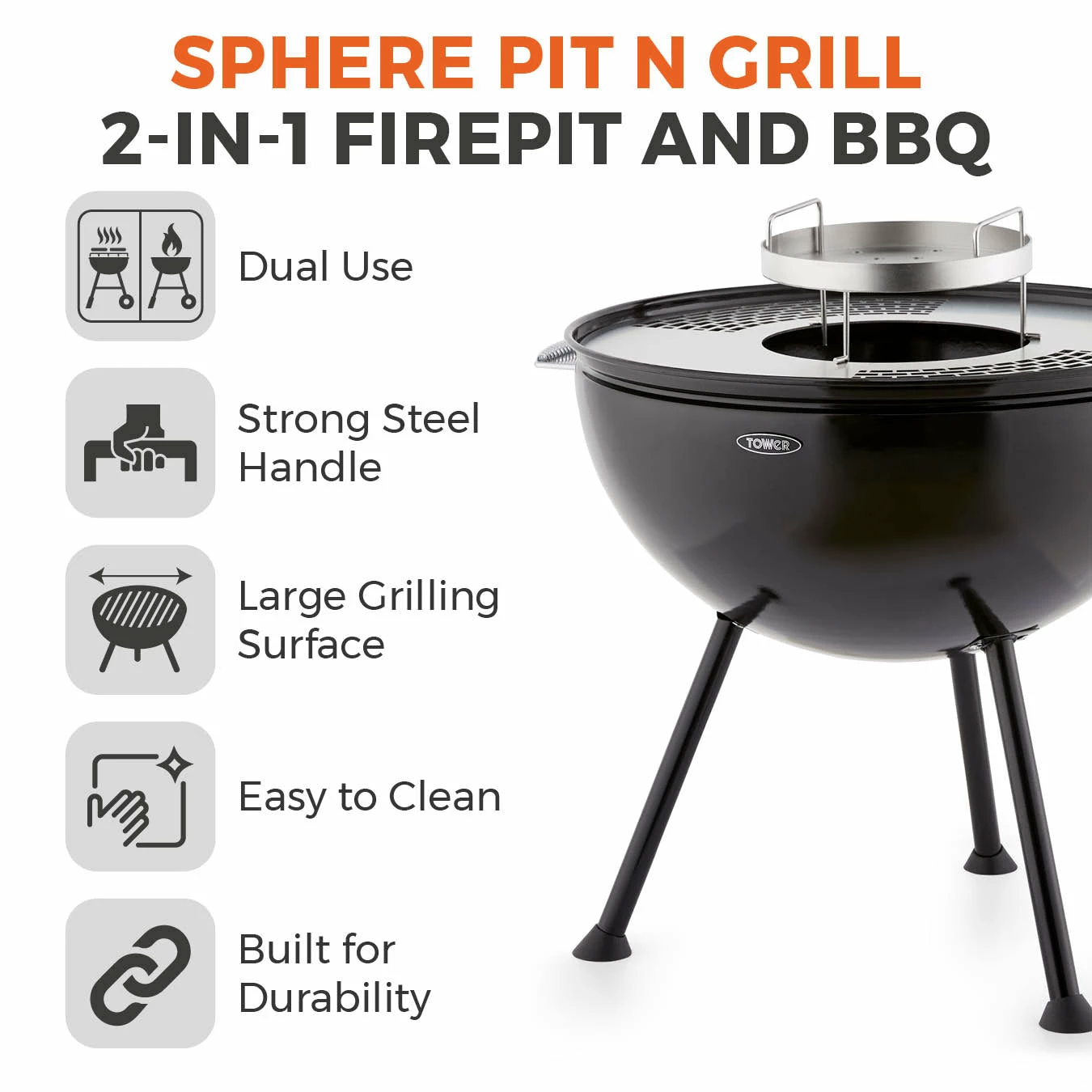 Tower Sphere BBQ Pit 'N' Grill - Black 4 Tower Sphere BBQ Pit 'N' Grill - Black - Image 2