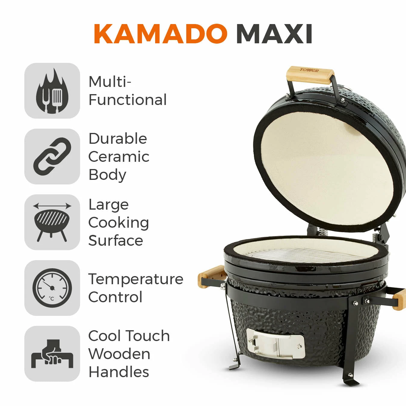 Tower Kamado Maxi Ceramic Charcoal BBQ - Black 4 Tower Kamado Maxi Ceramic Charcoal BBQ - Black - Image 2