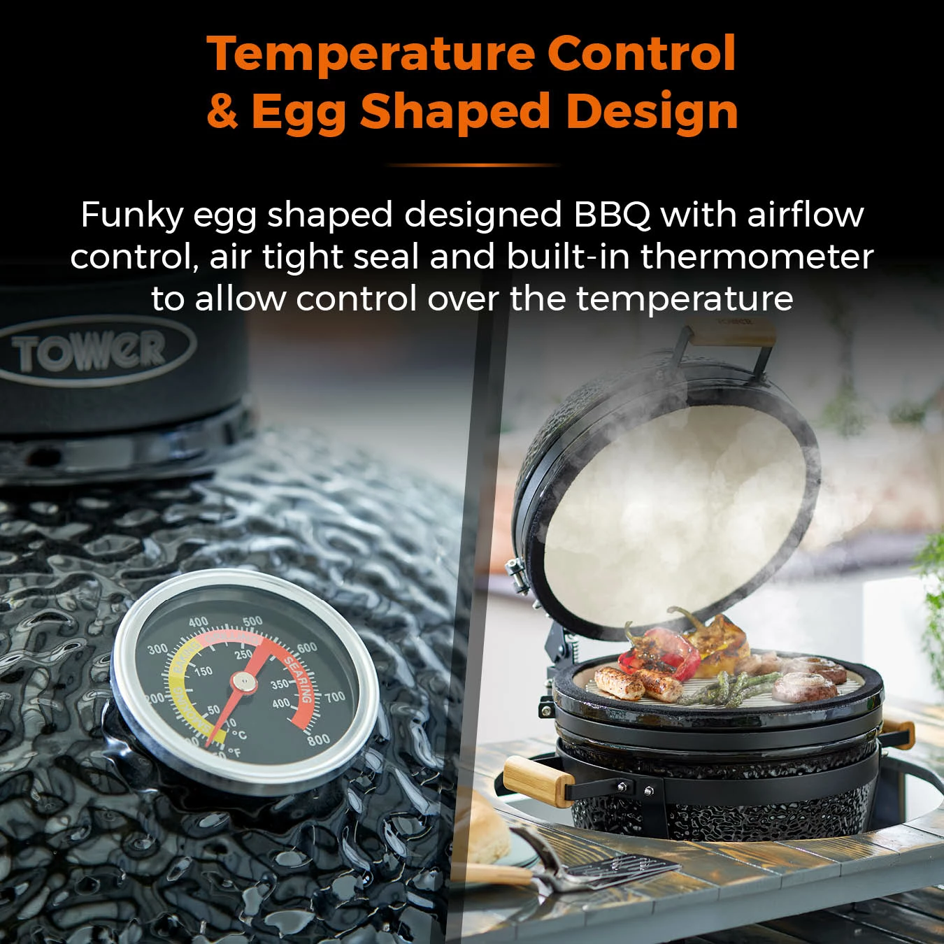 Tower Kamado Maxi Ceramic Charcoal BBQ - Black 7 Tower Kamado Maxi Ceramic Charcoal BBQ - Black - Image 5