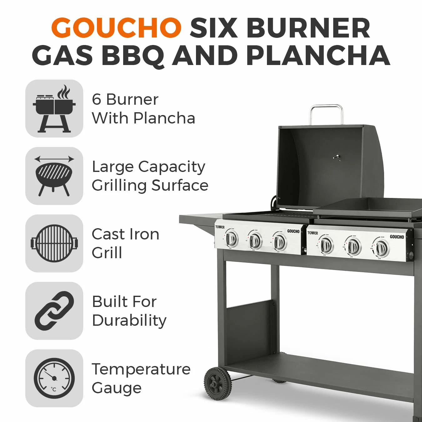 Tower Goucho BBQ And Plancha - Black 4 Tower Goucho BBQ And Plancha - Black - Image 2