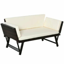 Outsunny 2 In 1 Rattan Folding Daybed Sofa Bench Bench With Cushion Outdoor - Brown