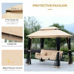 Outsunny 3 Seater Swing Chair 3-in-1 Convertible Garden Swing Seat Bed Gazebo Patio Bench Outdoor With Double Tier Canopy, Cushioned Seat, Mesh Sidewalls, Beige -OUTSUNNY Shop Xcef1b17dc4c2349d