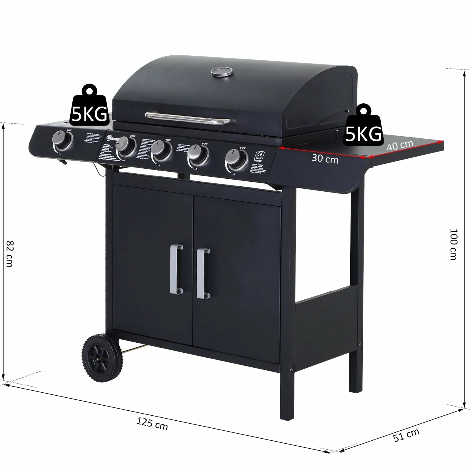 Outsunny 4+1 Gas Burner Grill BBQ Trolley Backyard Garden Smoker Side Burner Barbecue W/ Storage Side Table Wheels 7 Outsunny 4+1 Gas Burner Grill BBQ Trolley Backyard Garden Smoker Side Burner Barbecue W/ Storage Side Table Wheels - Image 5