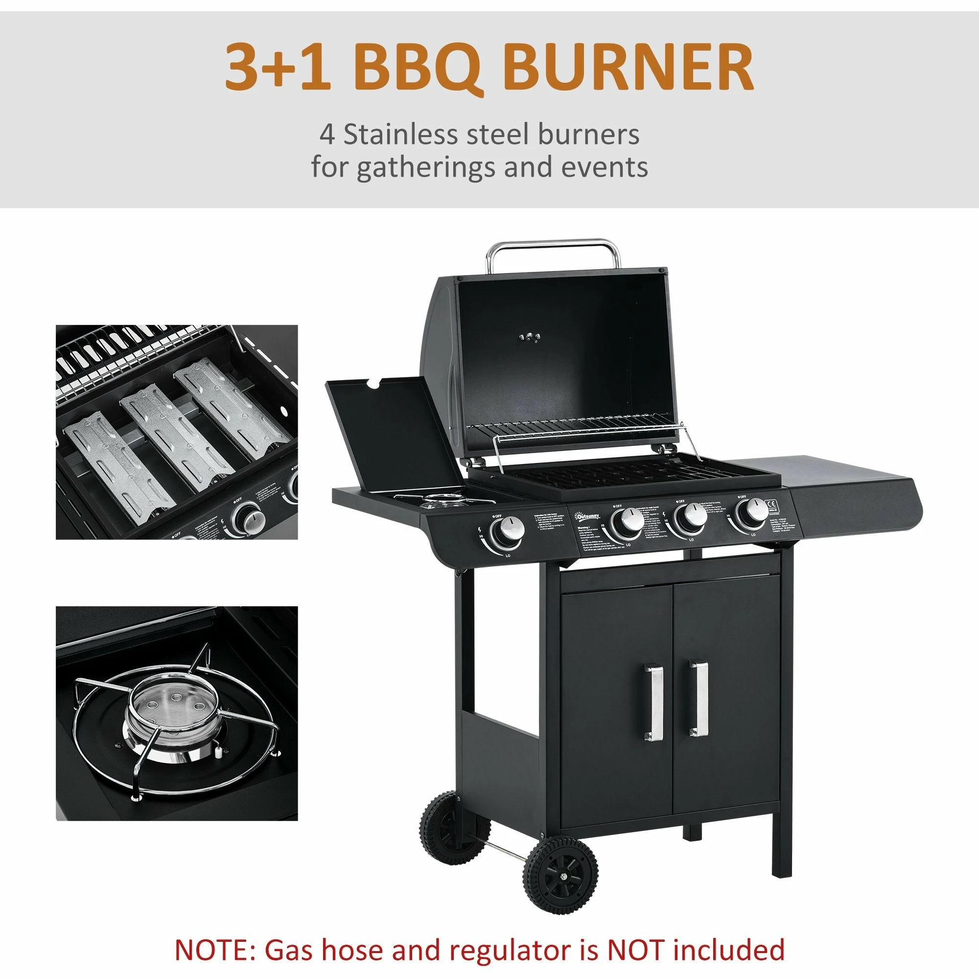 Outsunny Gas Burner Barbecue Grill 3+1 Burner Garden BBQ Trolley W/ Side Burner Warming Rack Side Shelves Storage Cabinet Piezo Ignition Thermometer 110x50x100cm 7 Outsunny Gas Burner Barbecue Grill 3+1 Burner Garden BBQ Trolley W/ Side Burner Warming Rack Side Shelves Storage Cabinet Piezo Ignition Thermometer 110x50x100cm - Image 5