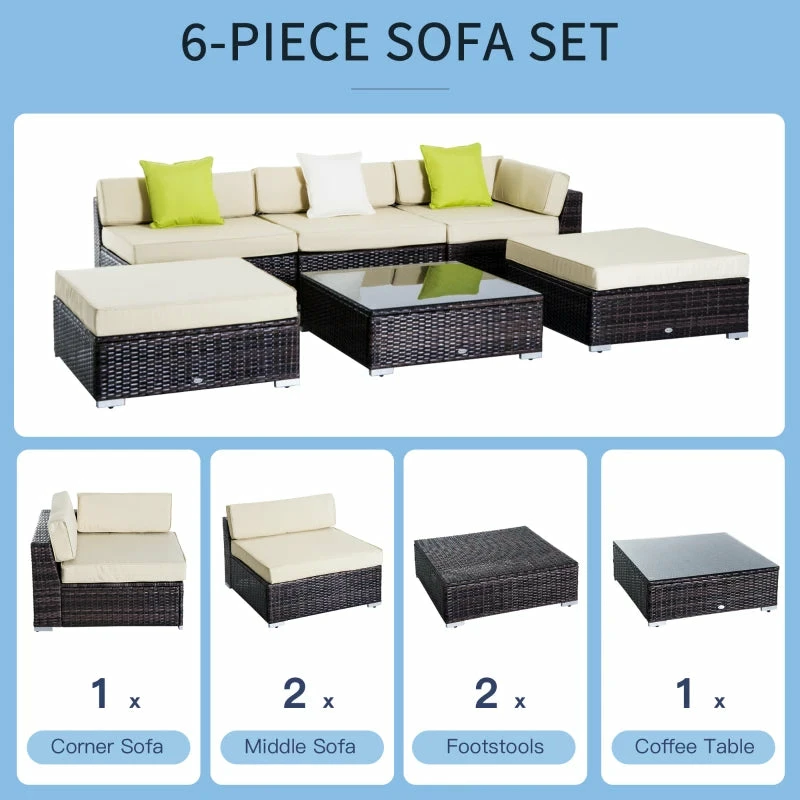 Outsunny 6 PC Rattan Sofa Coffee Table Set Sectional Wicker Weave Furniture For Garden Outdoor Conservatory W/ Pillow Cushion- Brown 7 Outsunny 6 PC Rattan Sofa Coffee Table Set Sectional Wicker Weave Furniture For Garden Outdoor Conservatory W/ Pillow Cushion- Brown - Image 5