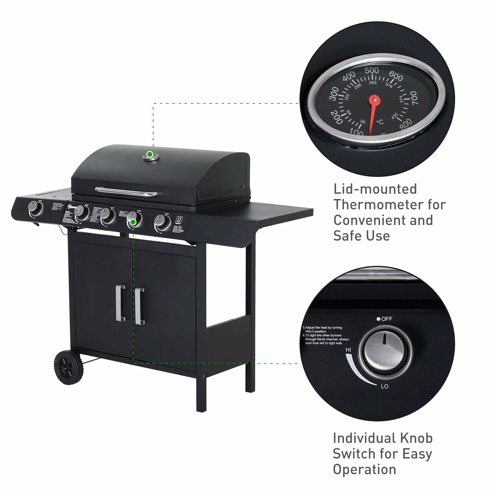 Outsunny 4+1 Gas Burner Grill BBQ Trolley Backyard Garden Smoker Side Burner Barbecue W/ Storage Side Table Wheels 9 Outsunny 4+1 Gas Burner Grill BBQ Trolley Backyard Garden Smoker Side Burner Barbecue W/ Storage Side Table Wheels - Image 7