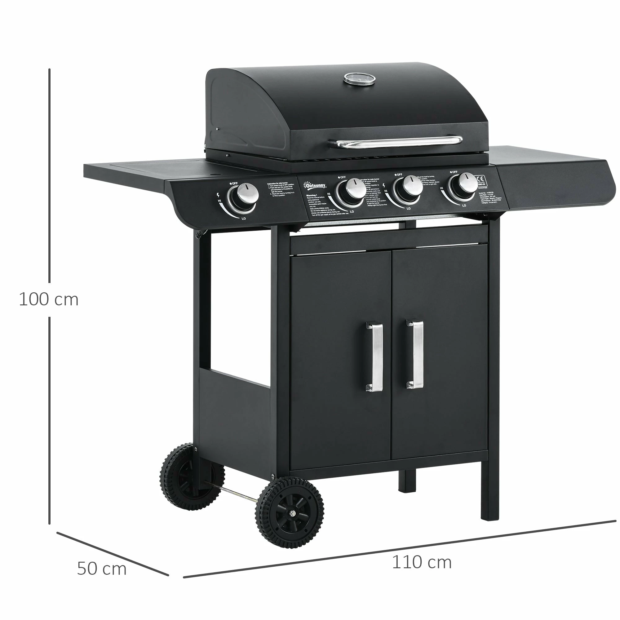 Outsunny Gas Burner Barbecue Grill 3+1 Burner Garden BBQ Trolley W/ Side Burner Warming Rack Side Shelves Storage Cabinet Piezo Ignition Thermometer 110x50x100cm 5 Outsunny Gas Burner Barbecue Grill 3+1 Burner Garden BBQ Trolley W/ Side Burner Warming Rack Side Shelves Storage Cabinet Piezo Ignition Thermometer 110x50x100cm - Image 3