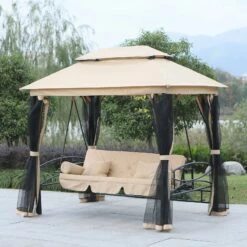 Outsunny 3 Seater Swing Chair 3-in-1 Convertible Garden Swing Seat Bed Gazebo Patio Bench Outdoor With Double Tier Canopy, Cushioned Seat, Mesh Sidewalls, Beige -OUTSUNNY Shop nWX0cc17dc4c2349d