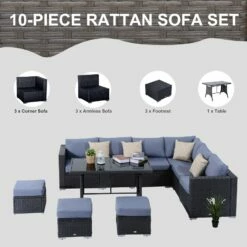 Outsunny 9-Seater Garden Rattan Furniture 10 Pcs Rattan Corner Dining Sofa Set, Grey/Dusty Blue Cushion -OUTSUNNY Shop ozna0917eecc28a4b