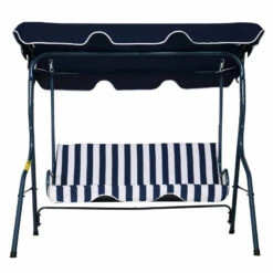 Outsunny 3 Seater Canopy Swing Chair Outdoor Garden Bench With Adjustable Canopy And Metal Frame - Blue Stripes