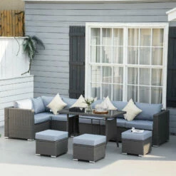 Outsunny 9-Seater Garden Rattan Furniture 10 Pcs Rattan Corner Dining Sofa Set, Grey/Dusty Blue Cushion -OUTSUNNY Shop reo6ff187df087264 jpg