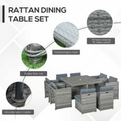 Outsunny 9 Pieces PE Rattan Cube Garden Furniture Set With Cushions, Outdoor Dining Table Set With 4 Armchair, 4 Single Seat, And Glass Top Table W/ Umbrella Hole, Mixed Grey -OUTSUNNY Shop tPc88c17eecc28a6f
